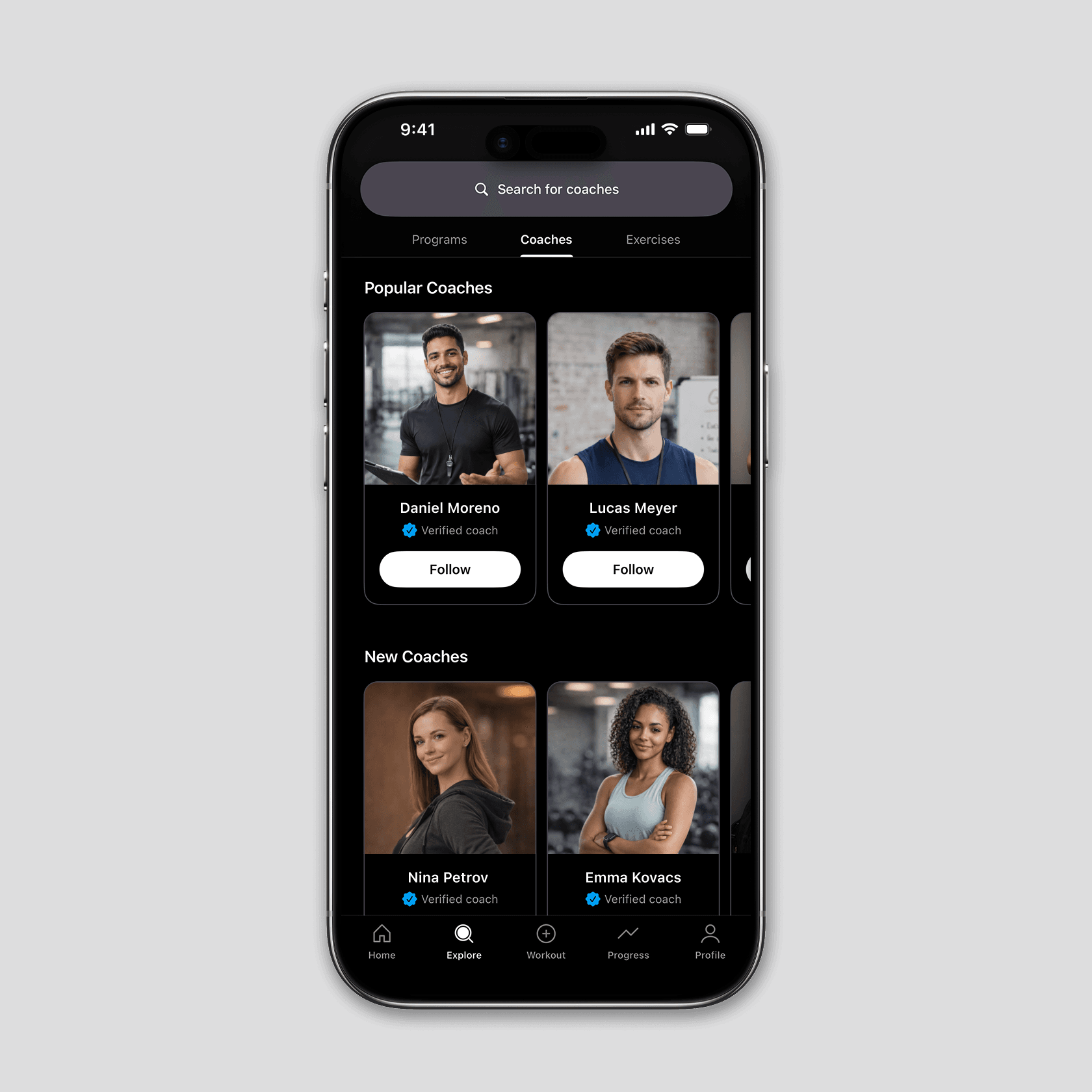 Coach discovery screen on Lyfta